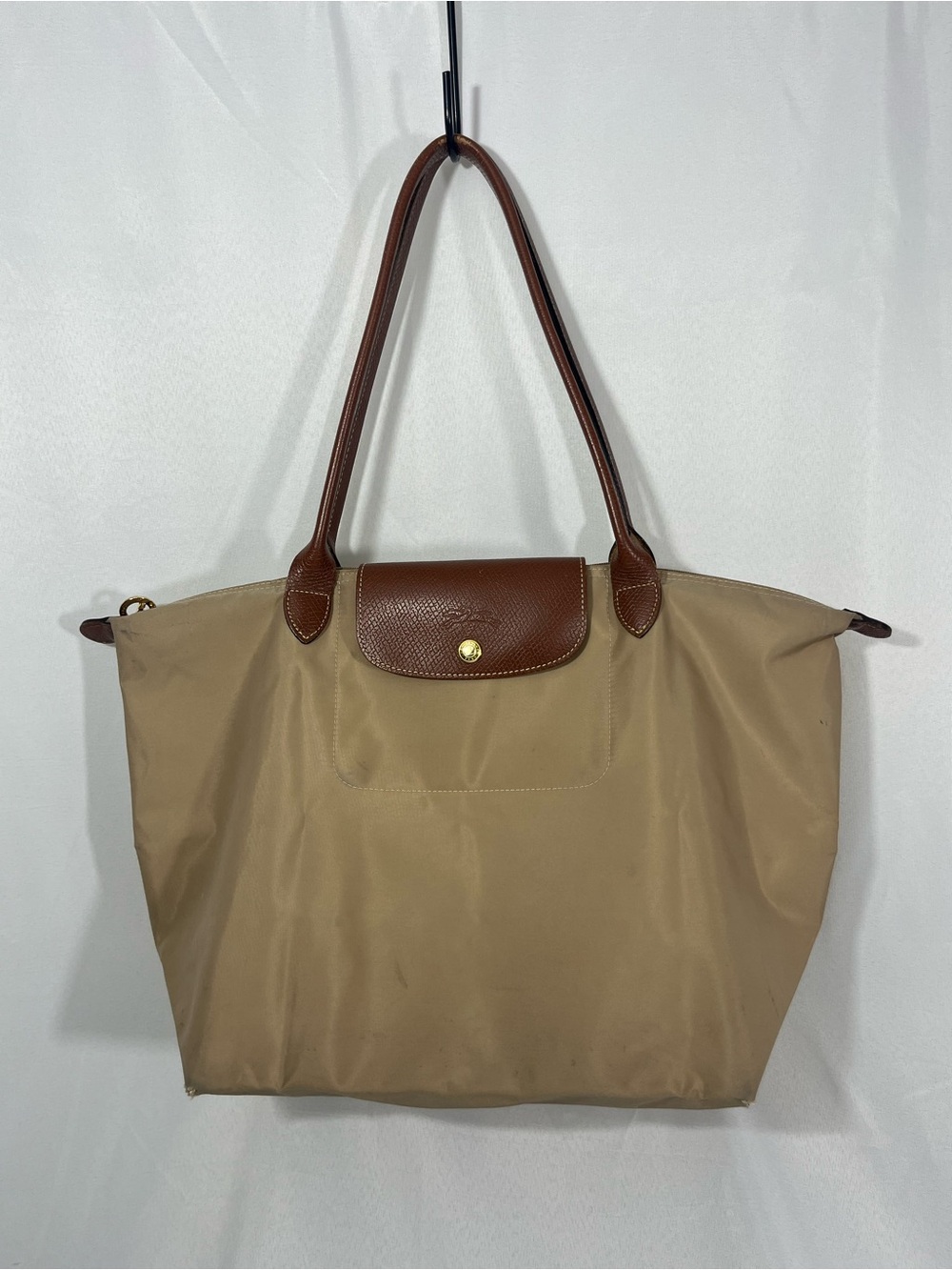 Longchamp Large Tote - Tan Nylon, Brown Leather - Packable - Fair Condition
